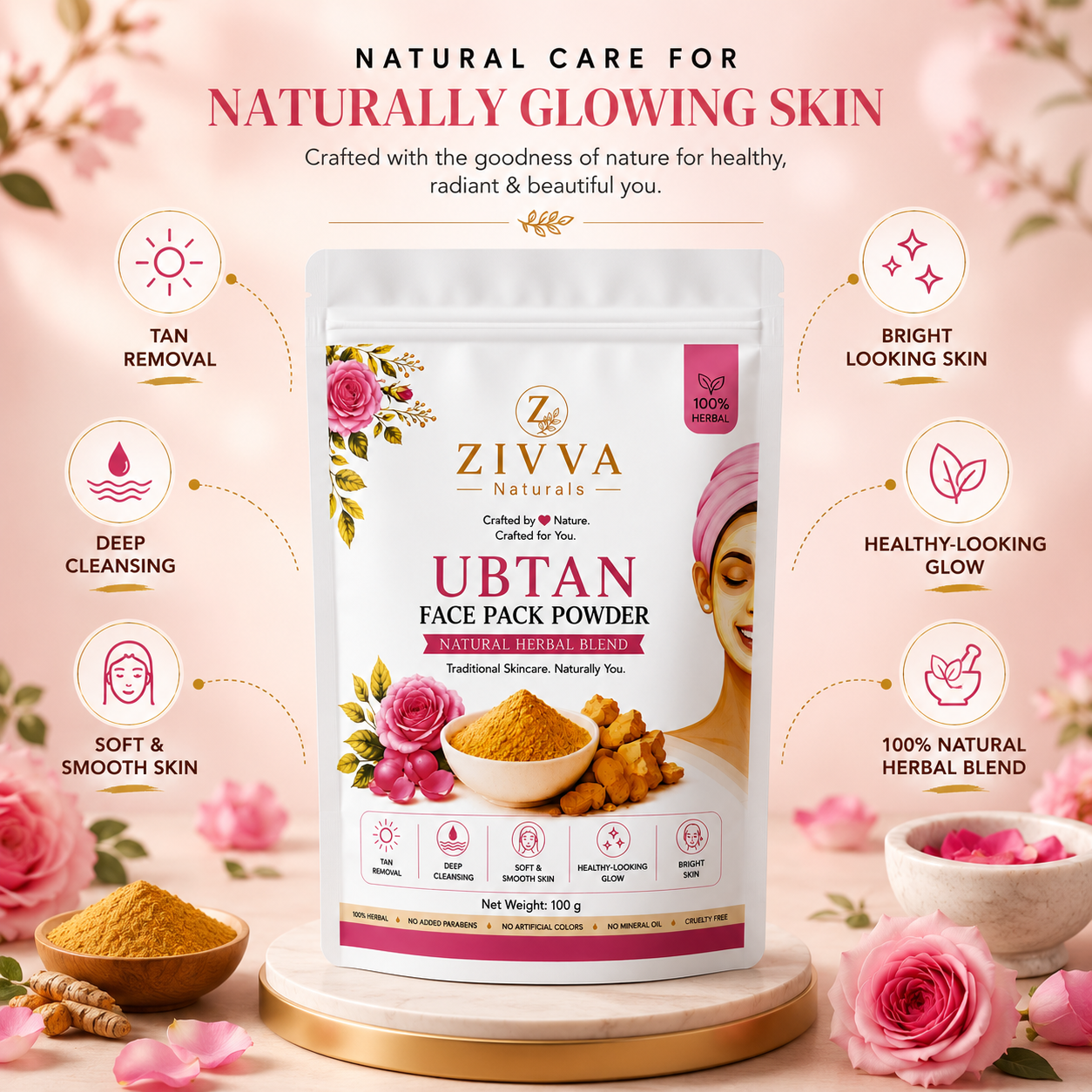 ZIVVA Naturals Herbal Ubtan Face Pack | Brightening & Tan Removal | 100g