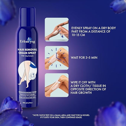 Urban yog Hair Removal Cream Spray for Women | Painless Body Hair Removal Spray for legs, hands, underarm & back (200 ML, Tulip (Blue))